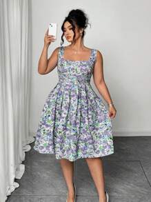 Elenzga 大码女式浪漫节日 A 字形荷叶边玫瑰印花吊带连衣裙，适合夏季、返校、毕业典礼、节日、情人节、音乐节、母亲节、万圣节、感恩节、复活节、国庆节、舞会、约会、派对、婚礼、户外