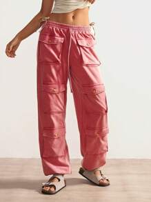 Bohemela Pantalones largos de mujer con bolsillos de punto de unicolor, decorados con cordón en el bajo, informales para el Día de la Independencia, Graduación - Rojo - Ver 5