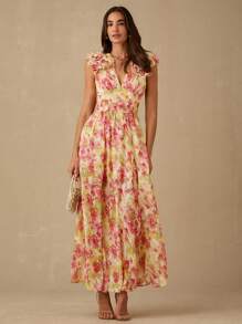 Enchnt Vestido midi de verano para mujer con estampado floral elegante, volantes y abertura en el bajo - Amarillo - Ver 3