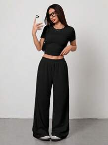 SHEIN PETITE Bộ 2 áo thun trơn tay ngắn mùa hè cho nữ và quần dài thường ngày - màu đen - Xem 4