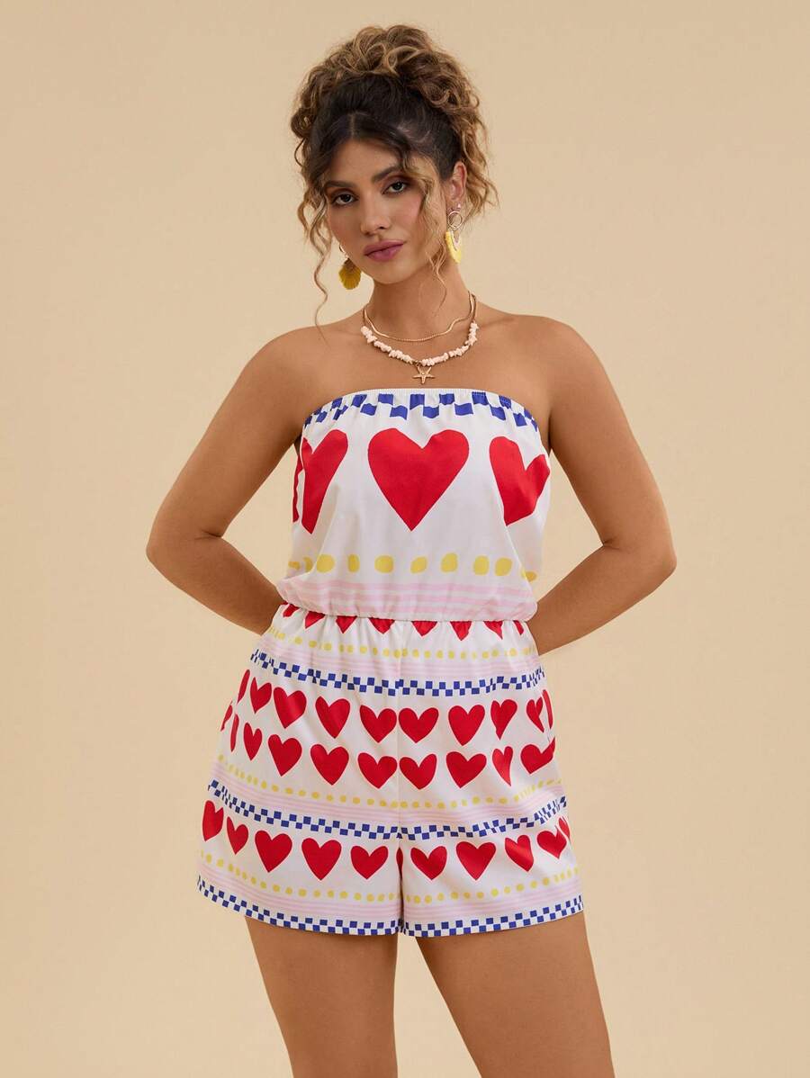 Travachic Plus Size Heart Print Casual Vacation Strapless Jumpsuit  Tropical Flowers Tropical Vacation Woman Clothes Beach Outfits For Woman Rompers - Multicolor - View 1