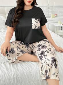 SHEIN 大码花卉印花短袖上衣和裤子睡衣套装 - 黑色 - 查看 4