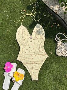 Comfortcana New Summer Beach Dress Vacation Outfits Butter Yellow Ditsy Floral Holiday Summer Bodysuit Seaside Beach