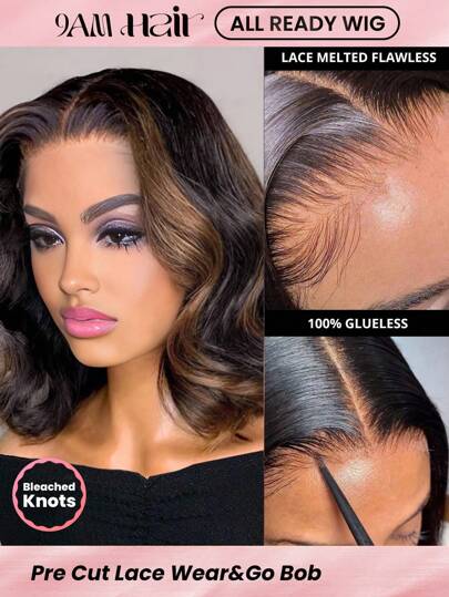 ALL READY WIG 价格实惠的定制高光鲍勃蓬松波浪全套假发预漂白预拔预剪蕾丝融化蕾丝前部 5x5 无胶闭合假发 100% 真人头发 9AM HAIR