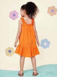 SHEIN CutesyCutie Young Girl Woven Solid Color Ruffle Hem Casual Dress - Burnt Orange - View 2
