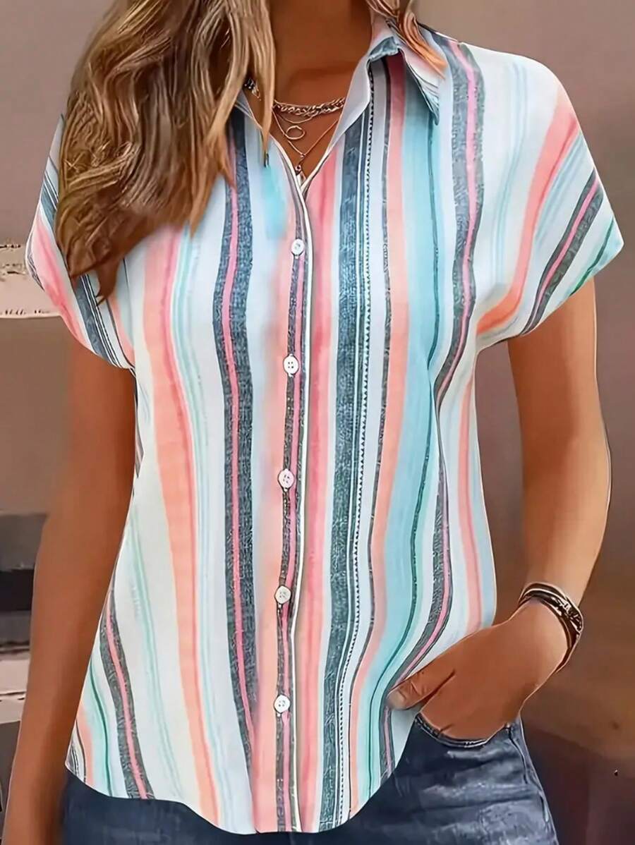 EMERY ROSE 女装2025夏季百搭百搭条纹纹理印花短袖衬衫、条纹衬衫 - 彩色 - 查看 1