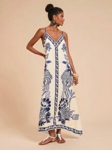 Travachic Women's Midi Length Sleeveless Dress, Fashionable For Summer,Tropical Print  Dress,Vacation Outfits Woman,Concert Outfit Women,Tropical Vacation, Vacation,Bohemian Clothes