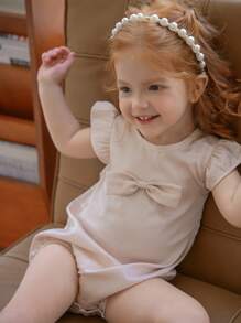 SHEIN Baby Girl Elegant Soft Korean Satin Round Neck Cap Sleeve Bodysuit, Summer - Apricot - View 1