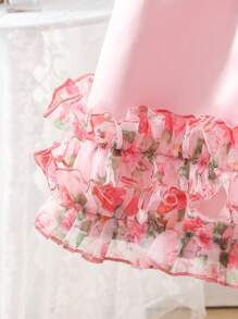 SHEIN Baby Girl Stand Collar Short Sleeve Ruffle Effect Mid-Length Satin Dress - Pink - View 6