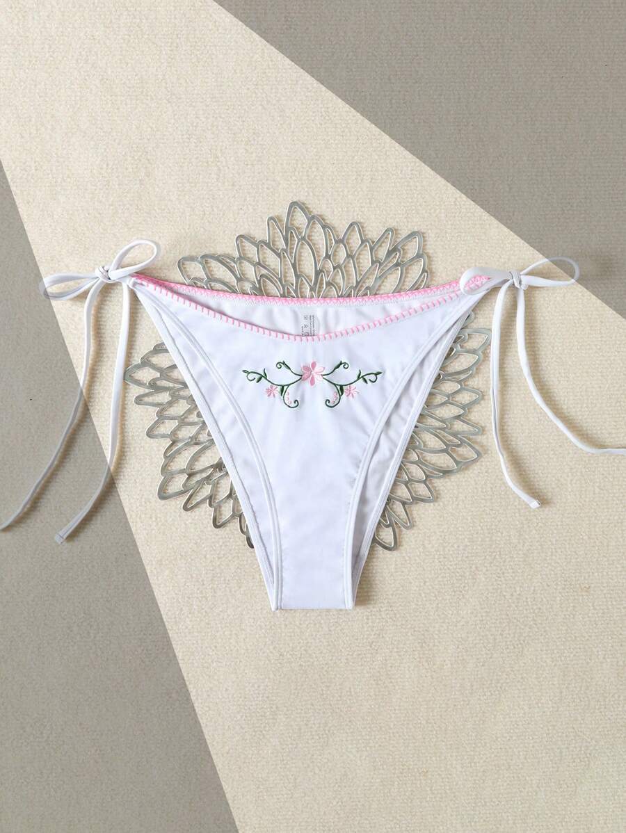 Swim Mod Plus Size White Embroidered Lace Up Low Waist Fashionable Swim Trunks For Summer Beach Vacation - White - View 1