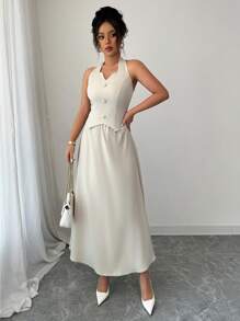 Gloray Tuta elegante e casual per donne, con scollo a v e allacciatura sul collo, in colore unico, adatta per l'estate e per l'ufficio
