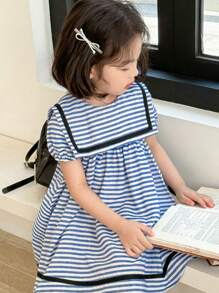 SHEIN Young Girl 's Striped Sailor Collar Puff Sleeve Mini Dress - Blue - View 4