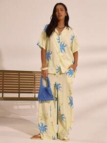 MUSERA 亚麻印花直筒裤，夏季度假波西米亚风，伊比沙岛风情，优雅海滩风，可爱迷人。海滩小屋假日休闲装。 - 黃色 - 查看 1