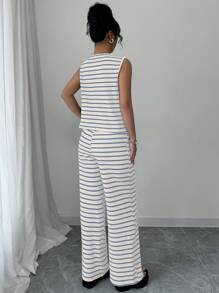 SHEIN Unity Conjunto de 2 piezas para mujer de top sin mangas de cuello en V halter con rayas y pantalones de cintura elástica campana para vacaciones de primavera/verano - Azul y blanco - Ver 2