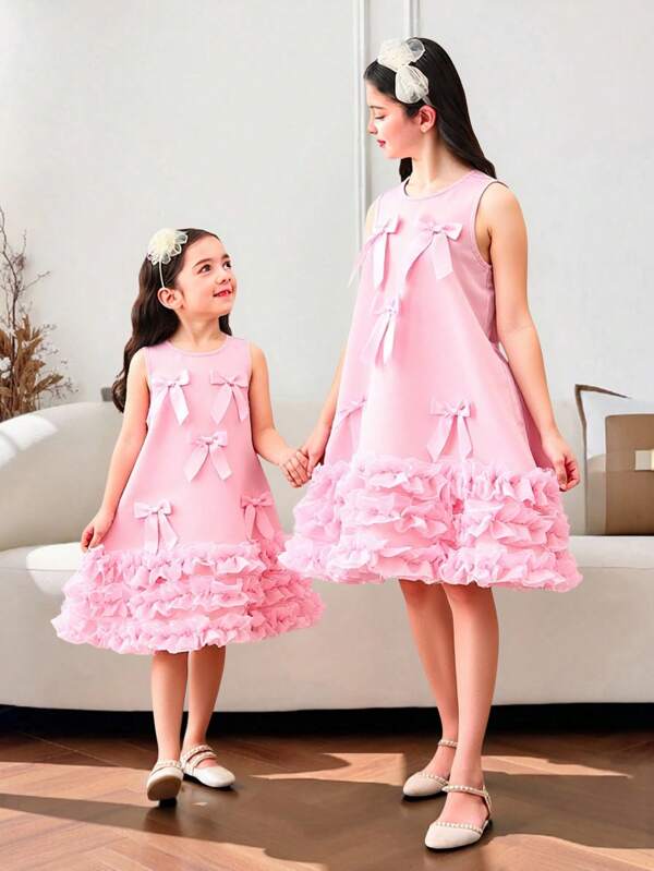 Woven Solid Color Ruffle Hem Form-Fitting Dress, Cute & Elegant & Sweet & Vintage & Fashionable. Mom And Daughter & Sisters Matching Style Matching, Matching Family Vacation, Holidays, National, Formal Attire, Suitable For Girls Daily Wear, Home Family Gatherings And Special Occasions, Sibling Outfits, Spring/Summer