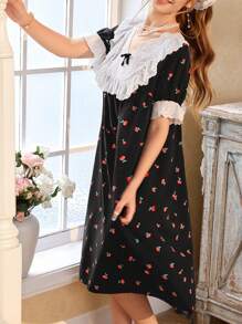 CottageSlumber Contrast Ruffle Trim Cherry Print Bubble Short Sleeve Women Nightgown Babydoll Holiday Season, Vacation
