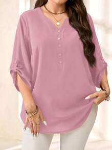 EMERY ROSE Plus Size Women's Purple Red 3/4 Sleeve Blouse, Early Spring - Pink - View 2