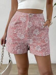 SHEIN Clasi Pantalones cortos de verano de pierna recta, elegantes, con estampado aleatorio de unicolor - Rosa vieja - Ver 3