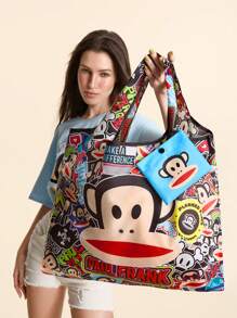 Paul Frank X SHEIN 1 件可爱卡通猴子印花酷炫涤纶可折叠购物袋、手提袋，配有带珠链的小储物袋，可挂在包上 - 彩色 - 查看 3