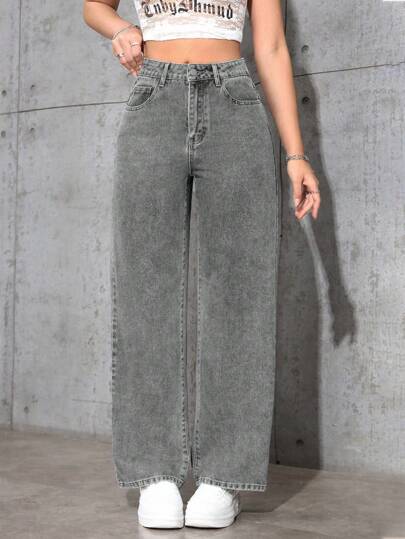 SHEIN 休闲宽松直筒洗水牛仔裤