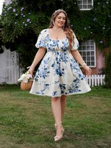 Flirla 大码钻石图案印花松紧腰拼布荷叶边下摆短袖连衣裙