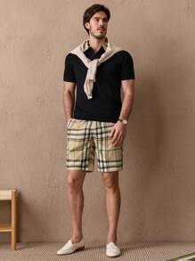 HIMLAND Ensemble De Chemise Polo Tricotée Patchwork À Carreaux Pour Hommes Avec Un Short Tissé