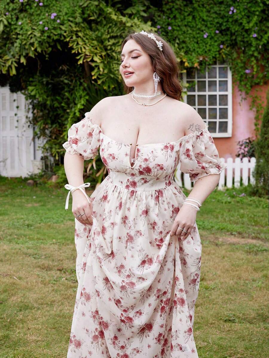 Plus Size Off Shoulder Floral Print Elegant Dress - Red - View 1