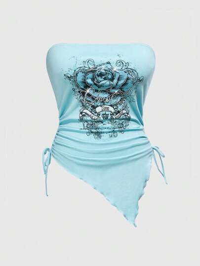J-Fashion Y2K Style Plus Size Asymmetric Cropped Top For Women, Blue Rose & Rhinestone Print With Drawstring