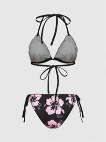 ROMWE Avant Summer Island Girl Hibiscus Print Ruched Tie Front Wireless Lingerie Bra Set, Kawaii - Black - View 5