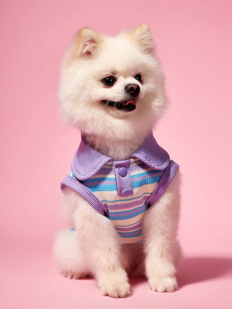 PETSIN 1 件薄荷绿弹力条纹休闲宠物猫/狗 Polo 衫，舒适时尚 - 彩色 - 查看 1