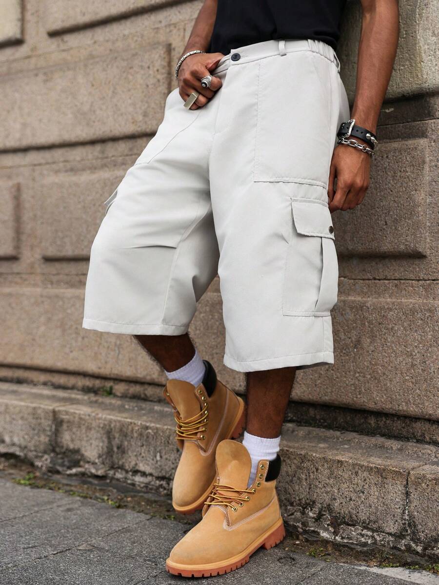 Manfinity Hypemode Fashionable Casual Beige Men's Cargo Loose 3/4 Pants With Pockets, Street Style, Y2k - Beige - View 1