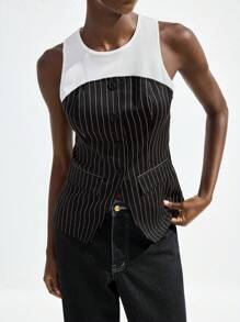 Maija 2025 Muttertags Moderne Stadt Frauen Ärmellose Schwarz & Weiß Kontrast 2-in-1 Rundhalsbluse, bequem für Frühling/Sommer Pendelverkehr, Vintage Stil