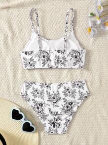 SHEIN Set costume da bagno a tankini con giro vita anteriore, con stampa porcellana blu e bianca, per ragazze pre-adolescenti - Bianco e nero - Visualizzare 2