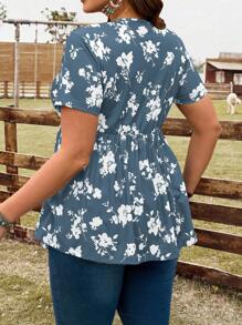 EMERY ROSE Camiseta de manga corta con cuello en V y estampado floral para mujer de talla grande, ideal para vacaciones, estilo bohemio - Celeste - Ver 2