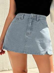 Dazy Plus Plus Size Light Wash Blue A-Line Mini Denim Skirt, Summer Jeans Skirt - Light Wash - View 8