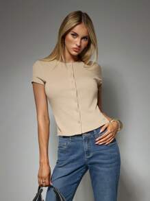 Forever 21 女式简约纯色纽扣短袖衬衫，夏季 - 卡其色 - 查看 1