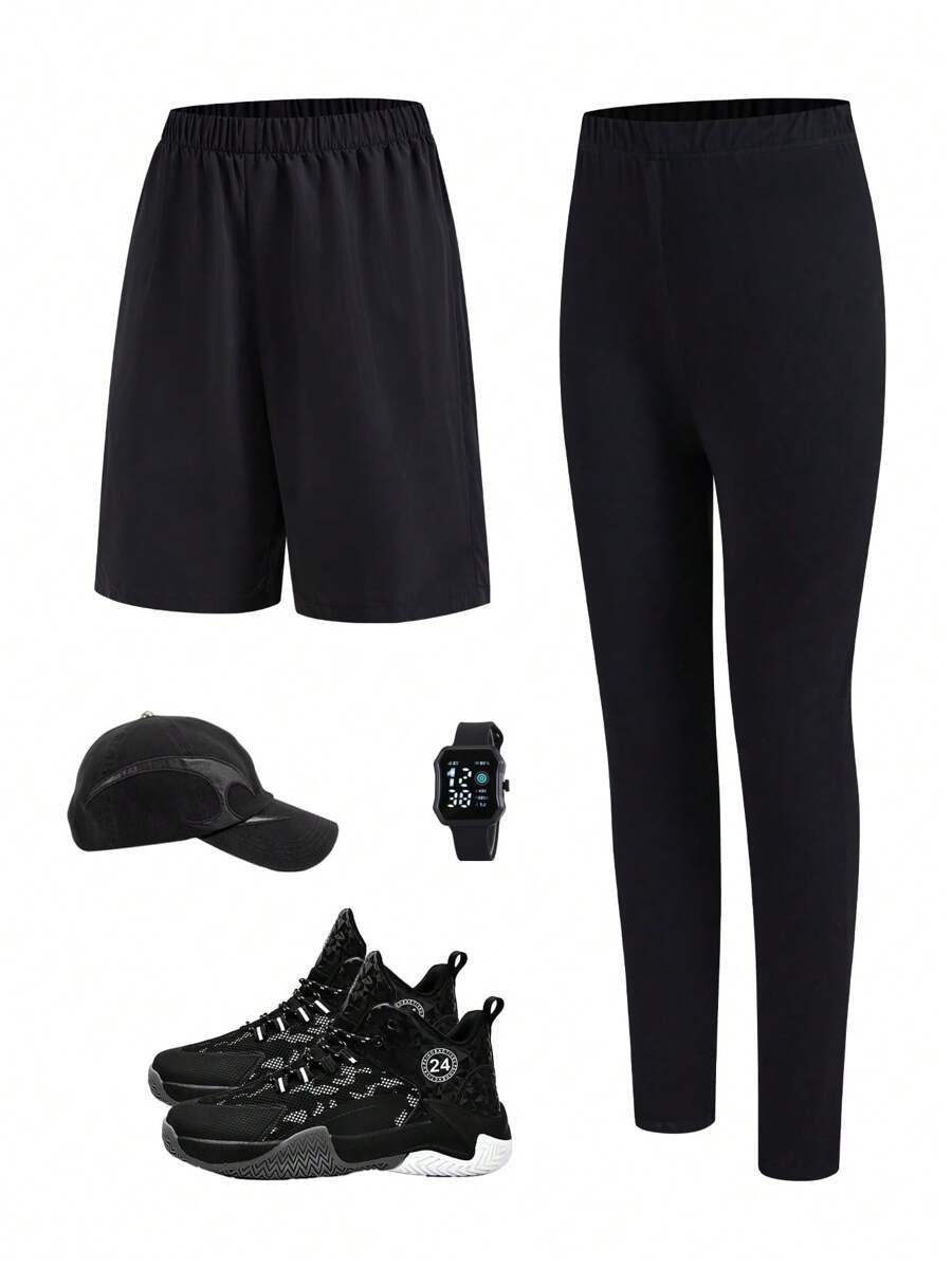 SHEIN 2 件装青少年男童休闲运动学院风连裤袜和短裤，经济实惠的多件装套装，适合儿童服装，幼儿男孩服装，返校男孩套装，适合日常使用，适合上学，适合旅行，适合运动，适合春夏季节