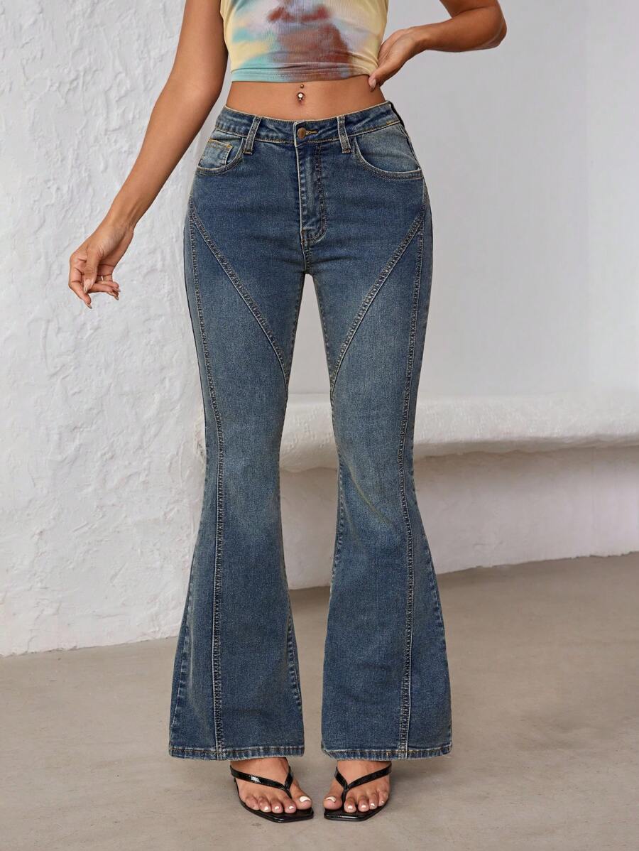 SHEIN ICON Women's Solid Color Pocket Tight Flared Leg Casual Jeans