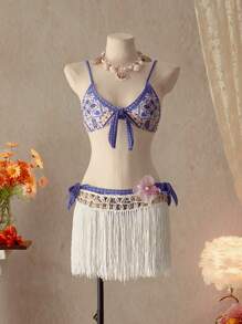 SHEIN Swim Conjunto de bikini de tirantes con estampado floral para mujer, ideal para vacaciones de verano en la playa - Multicolor - Ver 3