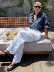 Livesso Women Summer Turn-Down Collar Short Sleeve Elastic Waist Crop Loose Casual Street Style Denim Blouse - Medium Wash - View 4