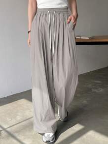 FRIFUL Women Casual Solid Color Drawstring Waist Straight Leg Pants