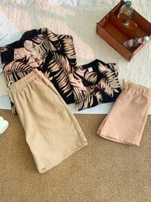 2pcs Young Boys Daddy And Me Matching Outfits (2 Sets Sold Separately), Casual Comfortable Versatile Leaf Print Short Sleeve Shirt And Solid Color Shorts Set - Multicolor - View 4