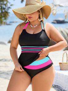 Swim Lushoire 2pcs Plus Size Women Solid Black Contrast Color Fashionable Retreat/Everyday Adjustable Strap Tummy Control Tankini Swimsuit For Summer Beach Vacation