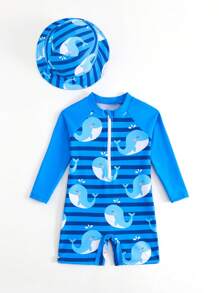 Newborn Baby Blue Striped Whale Print Swimsuit Set, UV-Protection One-Piece Baby Beach Clothes Boy Baby Boy Clothes Beach Beach Clothes For Boys Baby Beach Wear Baby Beach Clothes