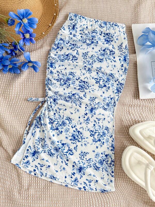 Tween Girls Casual Academy Style White Base Blue Floral Print Slit Drawstring Waist Maxi Skirt