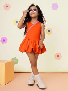 SHEIN Young Girl Solid Color Knit Round Neck Patchwork Woven Snug Fit Dress