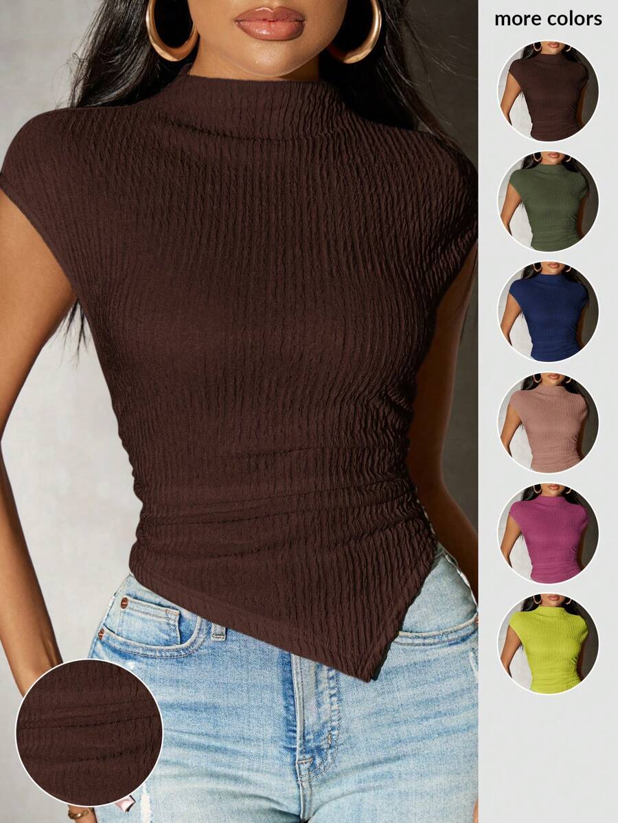 SHEIN SXY Elegant Romantic Solid Color Asymmetric Hem Short Sleeve Knit T-Shirt, Summer