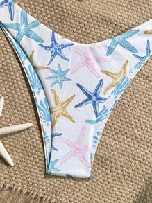 Swim Vcay Summer Vacation Random Print Ribbed Texture Fabric High Cut Bikini Bottom