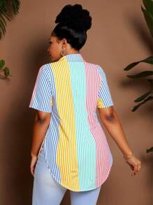 Maweii Camisa de talla grande con estampado de rayas de colores y bajo dividido - Multicolor - Ver 2