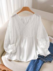 CosyJoli 大码女装春夏时尚休闲宽松日常舒适孔眼刺绣长袖 V 领衬衫，春季，女式衬衫，度假 - 白色 - 查看 5